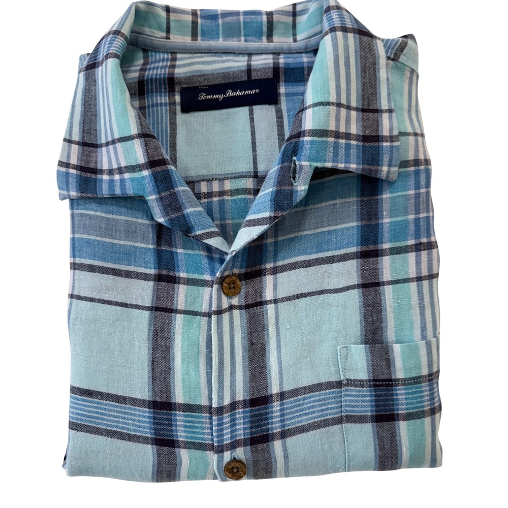 Tommy Bahama Mens XL Blue Plaid 100%‎ Linen Short Sleeve Camp Shirt